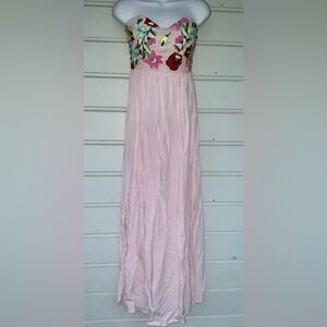 Nameless Bohemian Pink Strapless Maxi Dress with Floral Embroidery Sz S